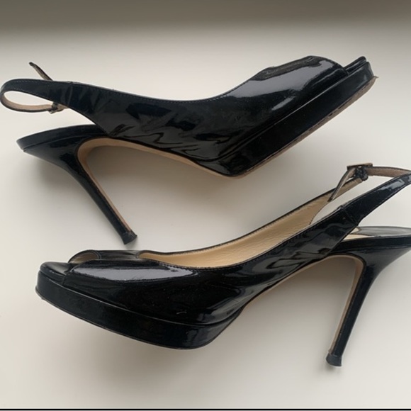 Jimmy Choo Nova Black Patent Peep Toe Platform Slingback 100mm Pumps 38 1/2 - Picture 9 of 16